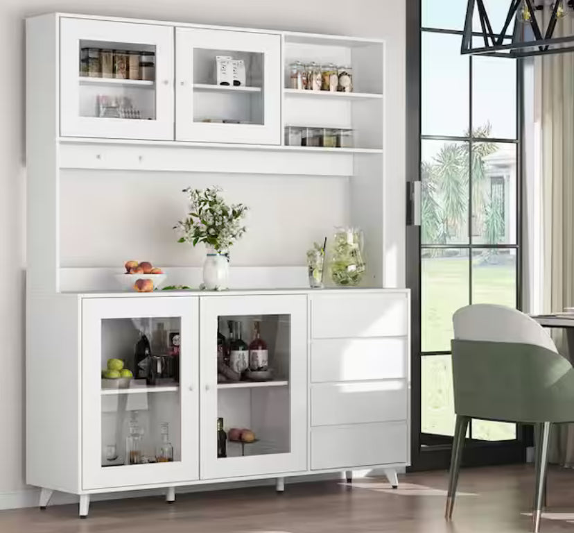 White Large Kitchen Pantry Cabinet Buffet with 4-Drawers Hooks Open Shelves and Glass Doors