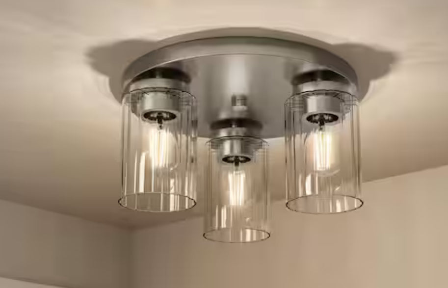 Delphi 13.25 in. 3-Light Brushed Nickel Contemporary Flush Mount with Clear Ribbed Glass Shades