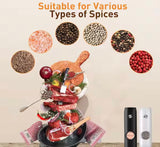 2 Pack Rechargeable Black/White Automatic Electric Salt and Pepper Grinder Set, Type-C Charging, 5 Adjustable Coarseness