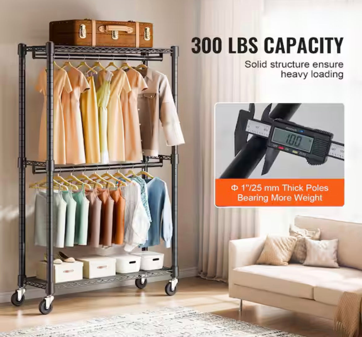 Heavy Duty Clothes Rack, Double Hanging Rods Clothing Garment Rack with Bottom, Storage Tier, Hold Up to 300lbs. Black