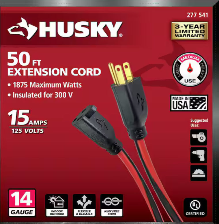 50 ft. 14/3 Medium Duty Indoor/Outdoor Extension Cord, Red/Black