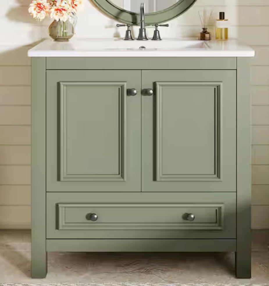 30 in. Single Sink Freestanding Green Bath Vanity with White Ceramic Top Unassembled
