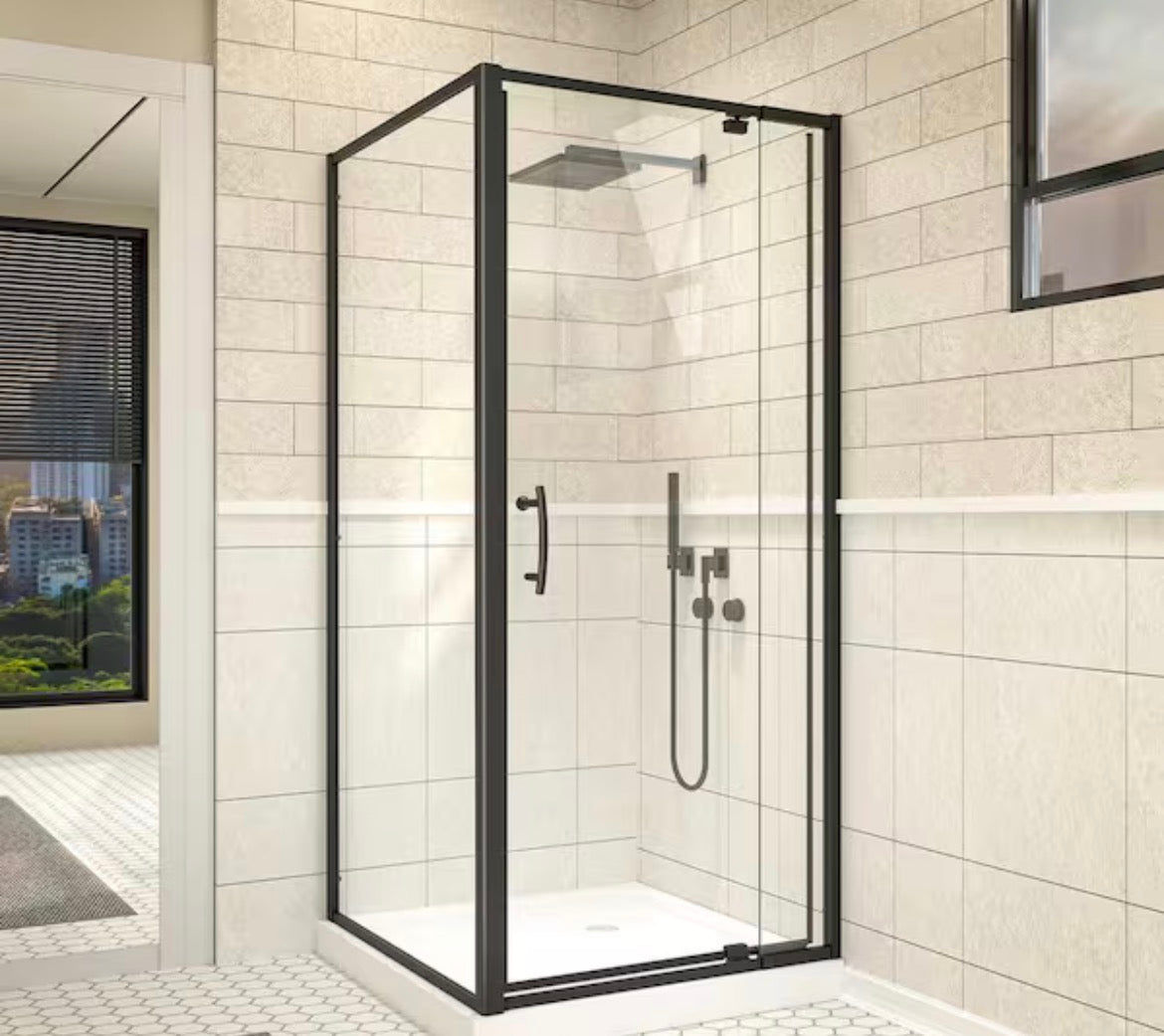 36 in. W x 71 in. H Corner Pivot Framed Corner Shower Enclosure in Stainless Steel Finish with Clear Glass