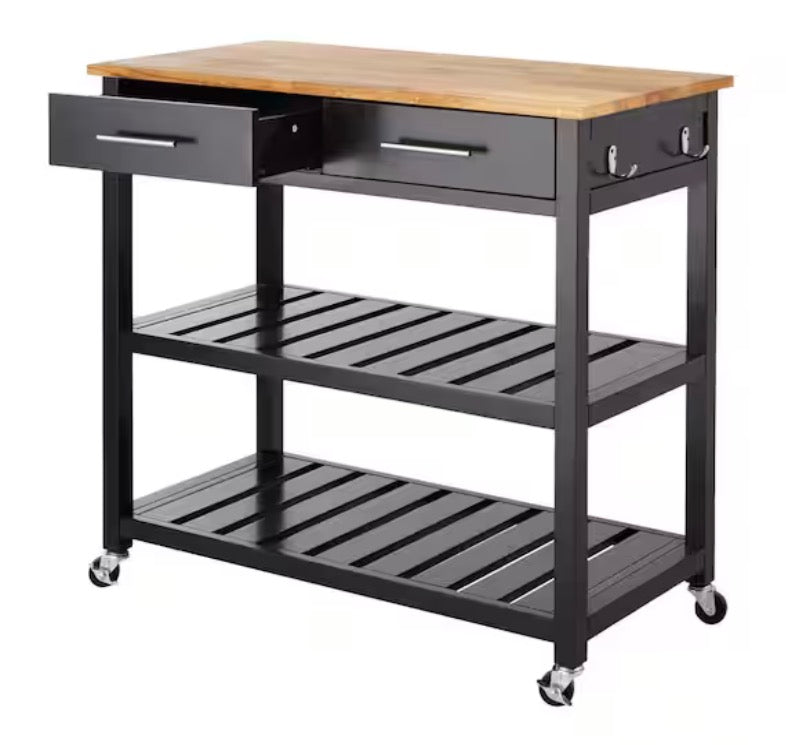 Glenville Black Rolling Kitchen Cart with Butcher Block Top, Double-Drawer Storage, and Open Shelves (36" W)