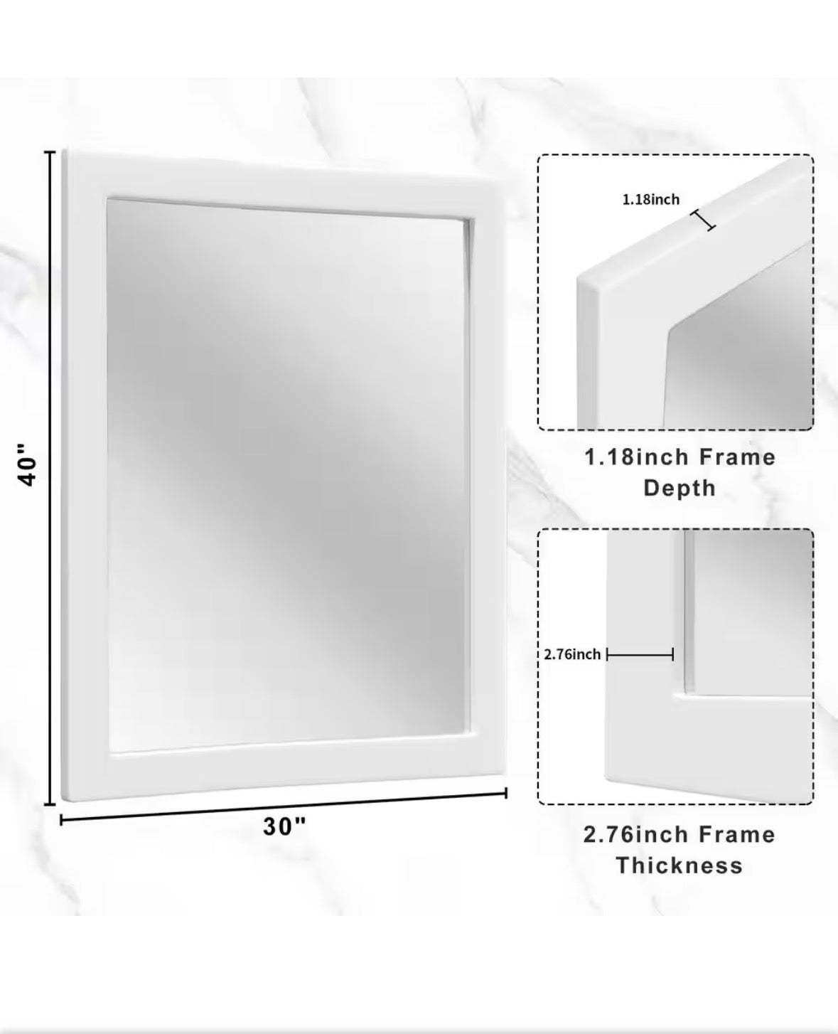 30 in. W x 40 in. H Simple Rectangular White Wood Frame Bathroom Mirror Vanity Mirror Wall Mirror/Floor Mirror