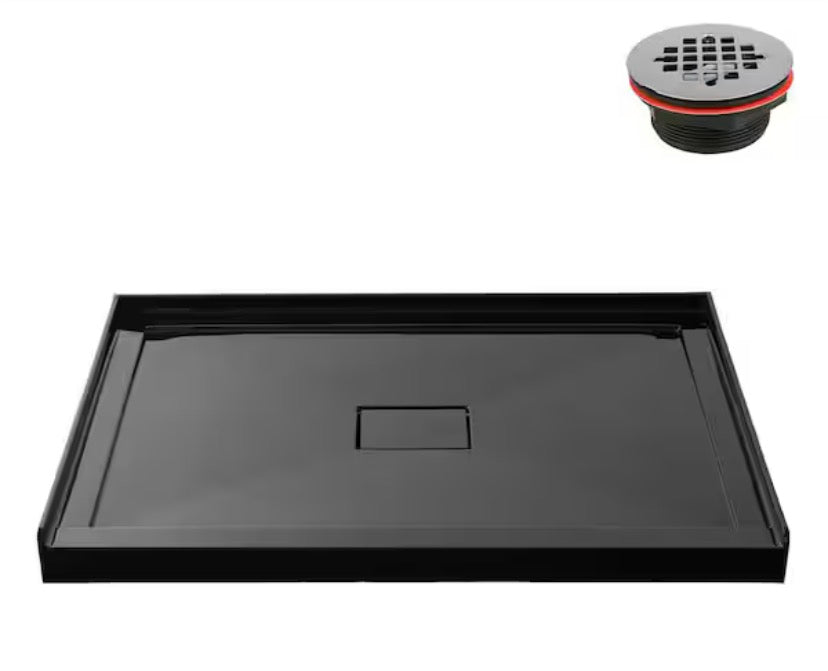 GB-2527-112-BL 48 in. x 32 in. Alcove Acrylic Shower Pan Base in Glossy Black with Center Drain, Drain Included
