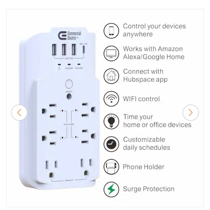 6-Outlet Smart Surge Protector with 4 USB Ports, White, Powered by Hubspace