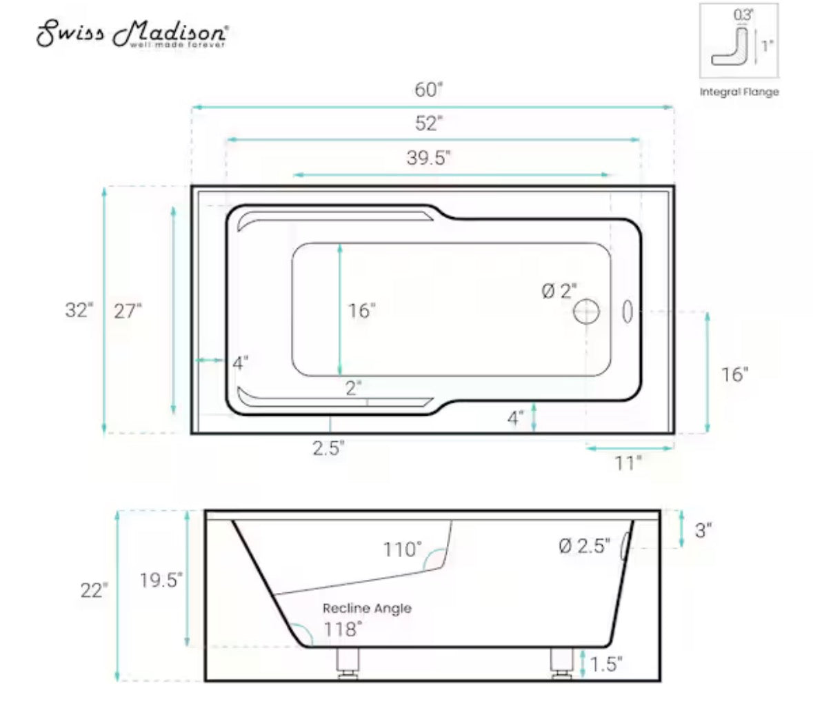 Voltaire 60 in. Acrylic Right Drain Rectangular Alcove Bathtub in Matte Black
