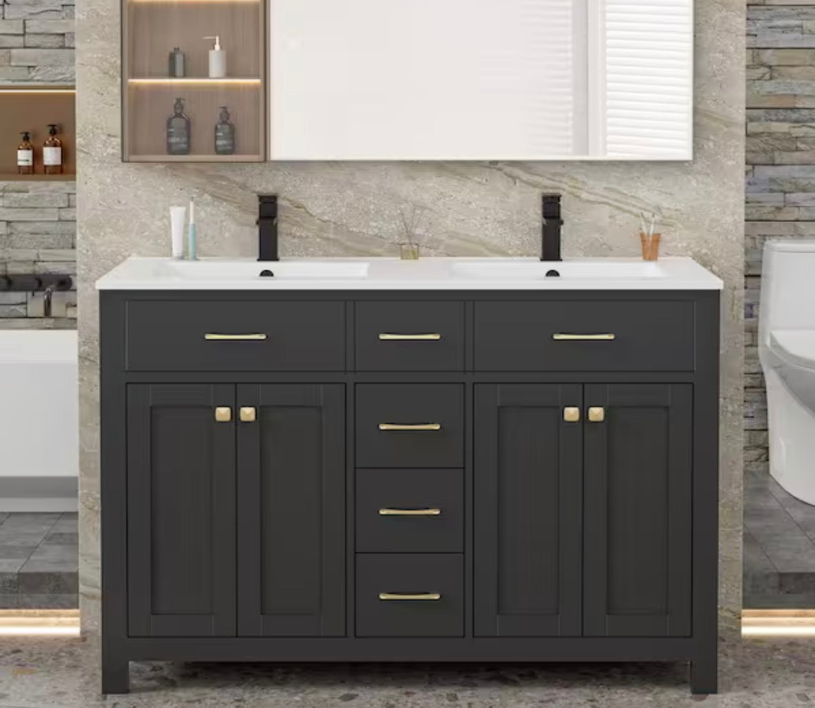 48 in. W x 18 in. D x 34 in. H 2-Sink Freestanding Bath Vanity in Black with White SMC Resin Top and Drain Faucet Set