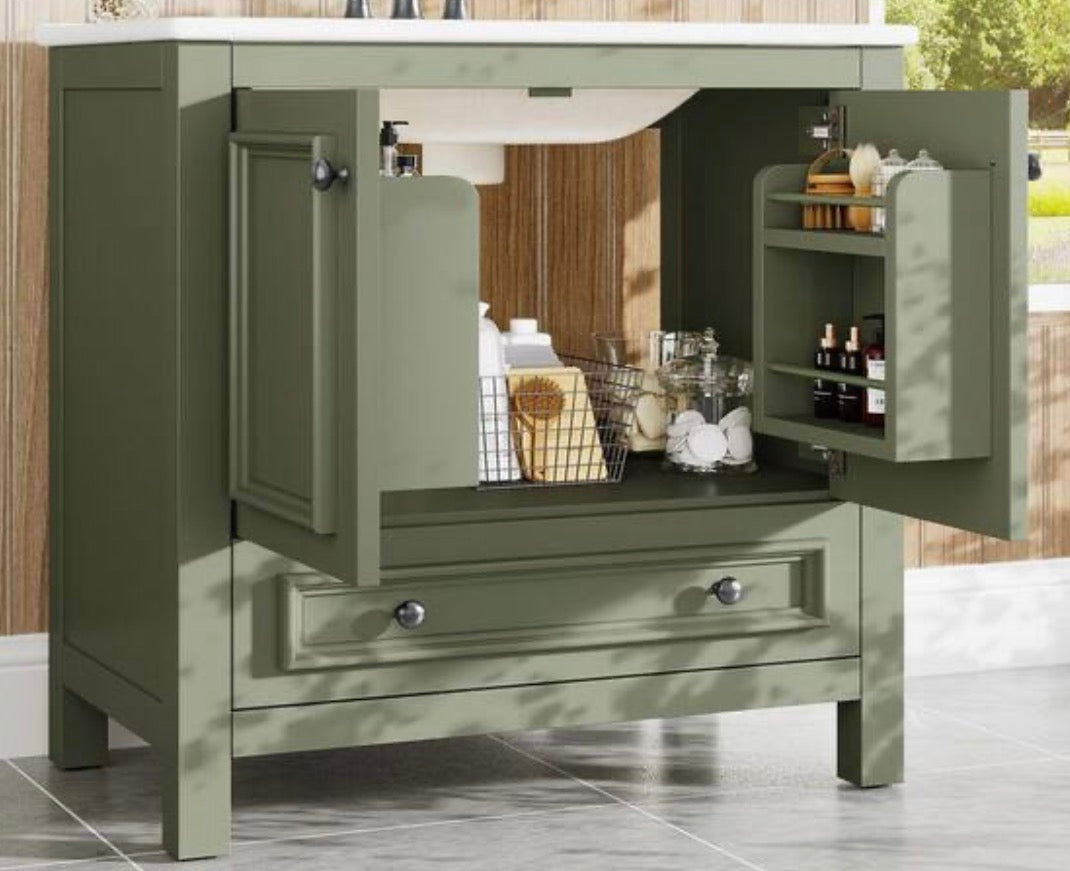 30 in. Single Sink Freestanding Green Bath Vanity with White Ceramic Top Unassembled