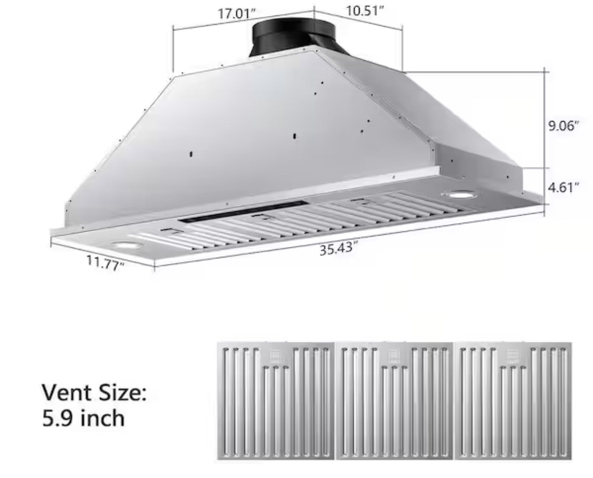 36 in. 900 CFM Convertible Ducted to Ductless Insert Range Hood in Stainless Steel with 3-Speed and LED Lights