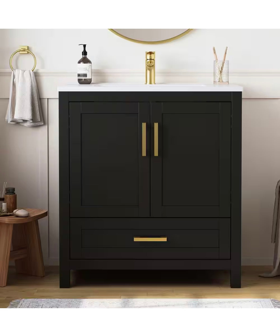 Raven 31 in.W Single Sink Black Freestanding Bath Vanity with White Engineered Solid Surface Top Unassembled