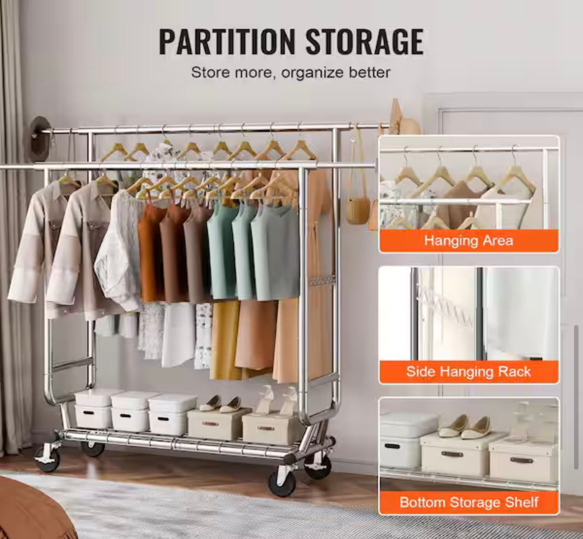 Heavy Duty Clothes Rack, Double Hanging Rod Clothing Garment Rack for Hanging Clothes, Adjustable Height Silver