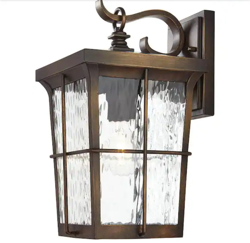 Barrington 14 in. 1-Light Golden Bronze Hardwired Outdoor Wall Light Lantern Sconce with Clear Water Glass