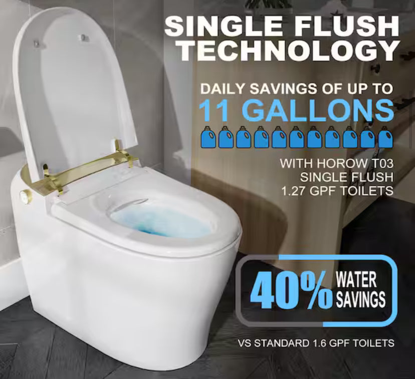 Tankless Elongated Smart Toilet Bidet in Golden with Auto Flush, Heated Seat, Warm Air Dryer, Bubble Infusion Wash