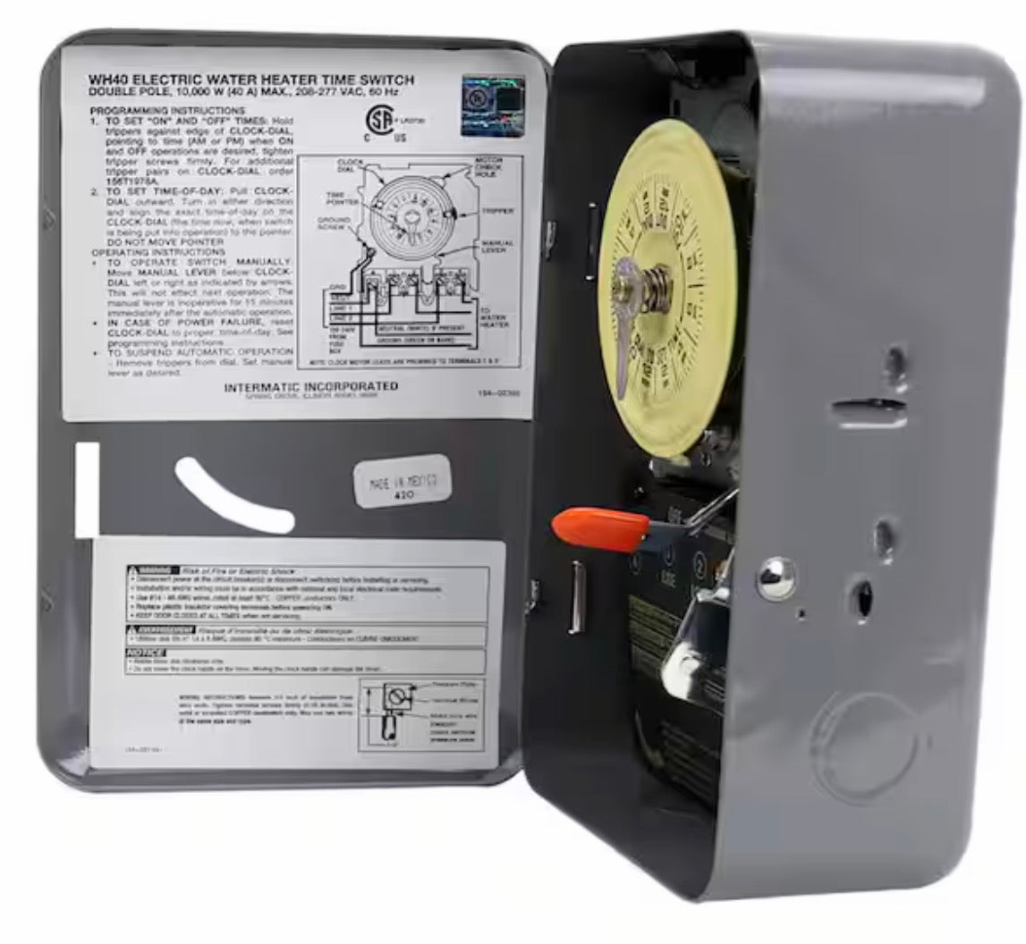 40 Amp 60-Minute Indoor Wall Mounted Mechanical Water Heater Timer, Steel, Gray