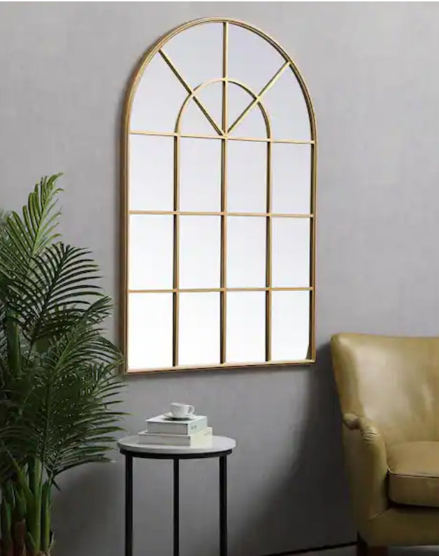 Timeless Home 36.25 in. W x 53.13 in. H x Midcentury Modern Windowpane Metal Window Brass Mirror