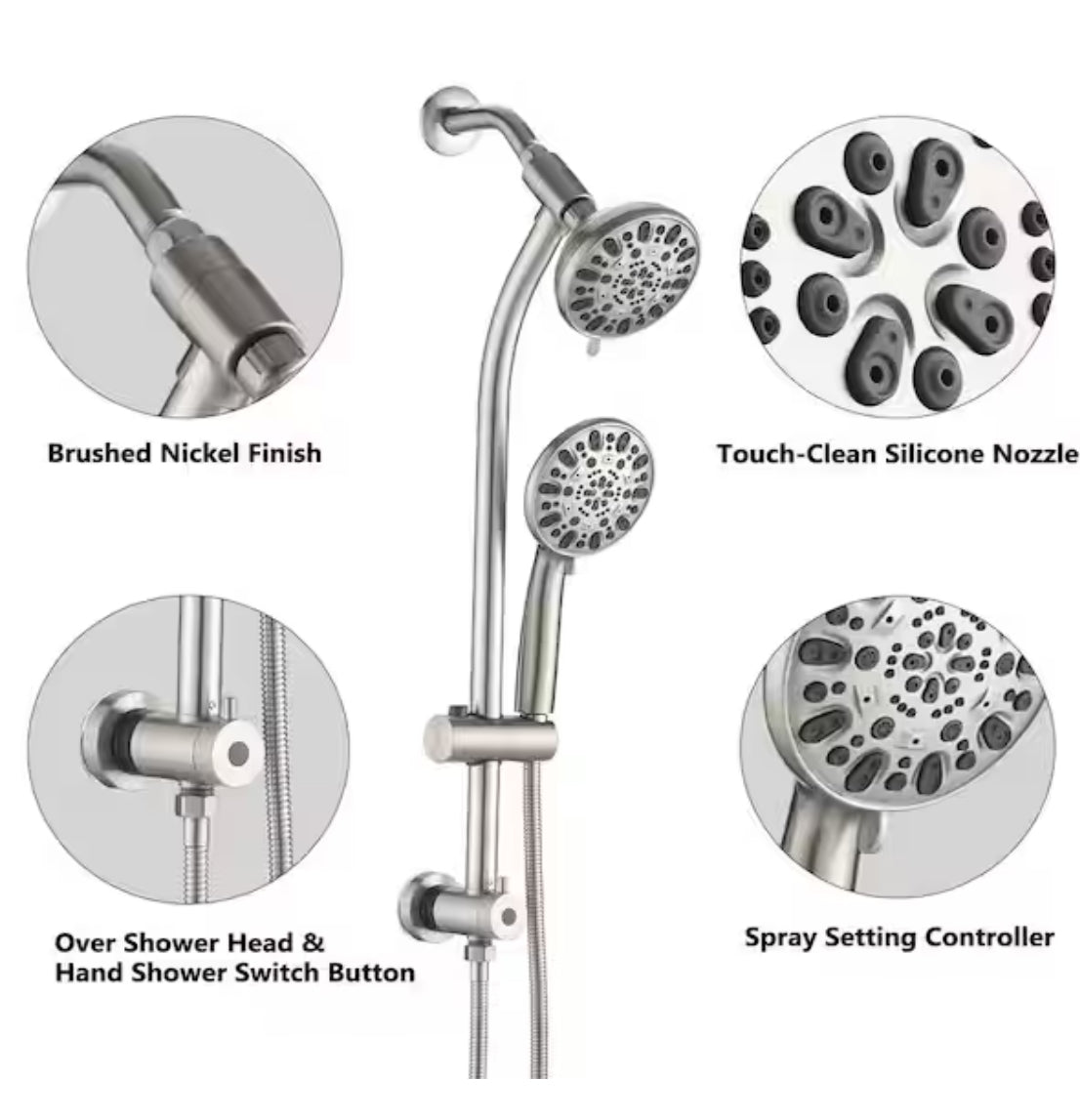 7-Setting Drill-Free Combo Shower Faucet Dual Rain Shower Head Fixed and Handheld Shower Head 1.8 GPM in Brushed Nickel