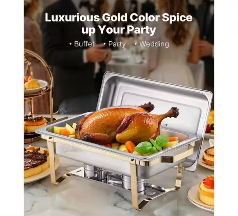 Chafing Dish Buffet Set, 8 qt. 4-Pack, Gold, Stainless Steel Chafing Dishes and Accessories, 4 Half Size Pans, Rectangle