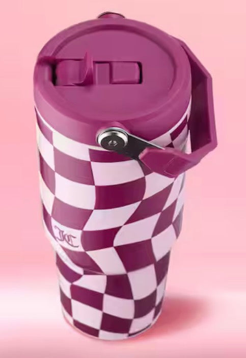 Flip & Sip 30 oz. Pink Wavy Check Stainless Steel Screw Top Tumbler with Flip Straw and Carry Handle
