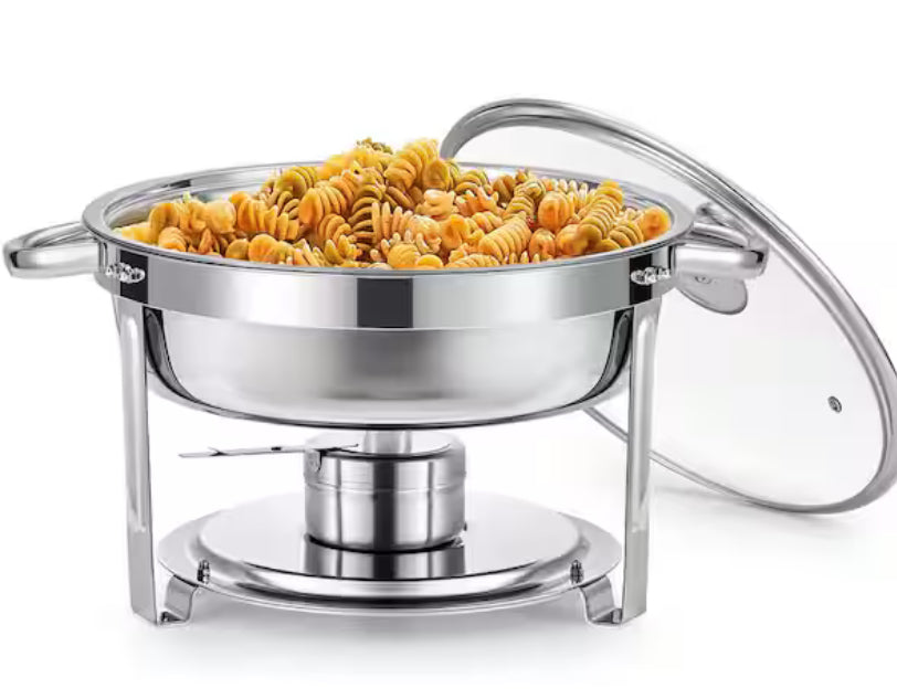 6 qt. Stainless Steel Round Chafing Dish Buffet Set for Catering with Glass Lid Holder