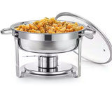 6 qt. Stainless Steel Round Chafing Dish Buffet Set for Catering with Glass Lid Holder