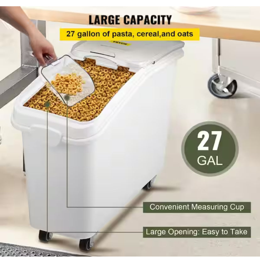 27 Gal. Ingredient Storage Bin with 500 Cup Commercial Food Container with Scoop and Sliding Lid for Kitchen,White