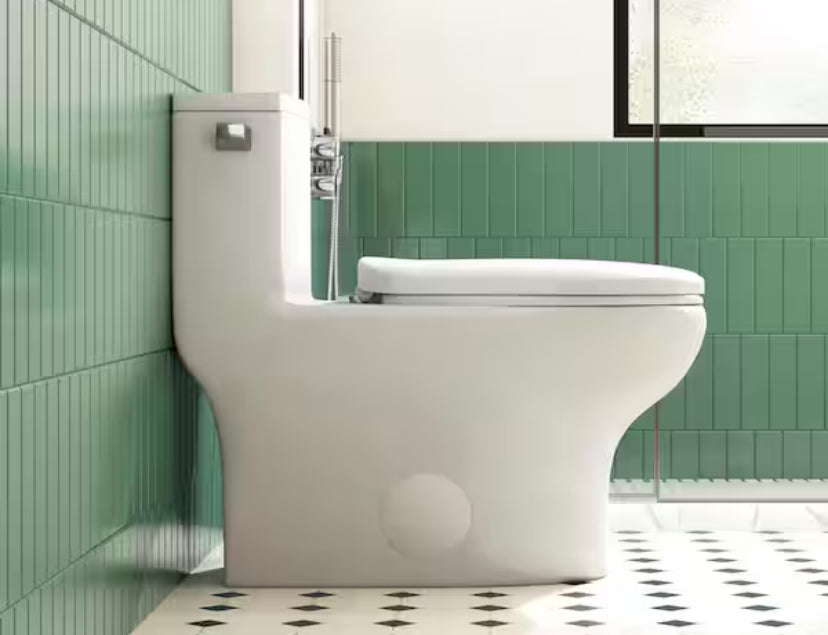 Salerno 1-Piece 1.28 GPF Siphonic Jet Single Flush Elongated Compact Toilet in Crisp White, Seat Includedyt