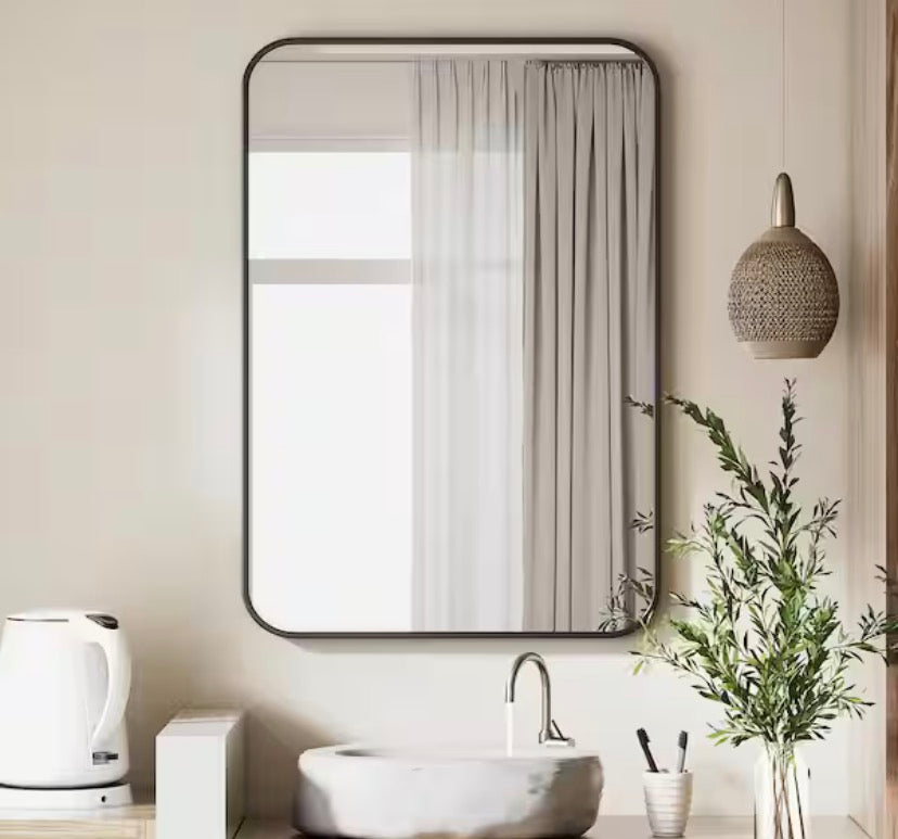 26 in. W x 37.8 in. H Rectangular Modern Aluminum Alloy Framed Rounded Black Wall Mirror