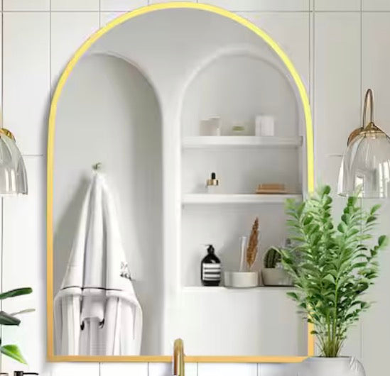 24 in. W x 32 in. H Arched Mirror for Bathroom Entryway Wall Decor Metal Frame Wall Mounted Mirror in Gold 2-Pieces