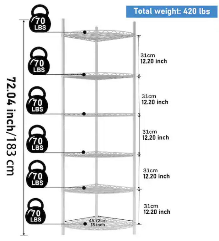 6-Tier Corner White Kitchen Shelf Metal Storage Shelf Height Adjustable