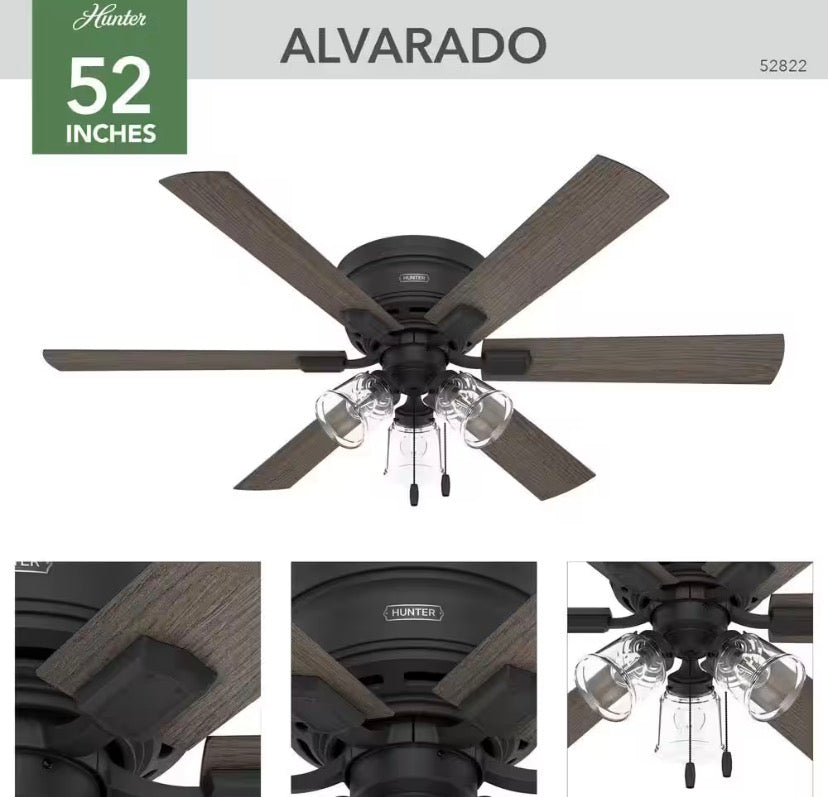 Alvarado 52 in. Indoor Matte Black Low Profile Standard Ceiling Fan with LED Lights Included