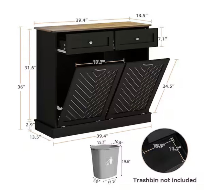 39.4 in. W x 13.5 in. D x 36 in. H in Black MDF Assemble Pull Out Kitchen Cabinet with Drawer Recycling Trash Cabinet
