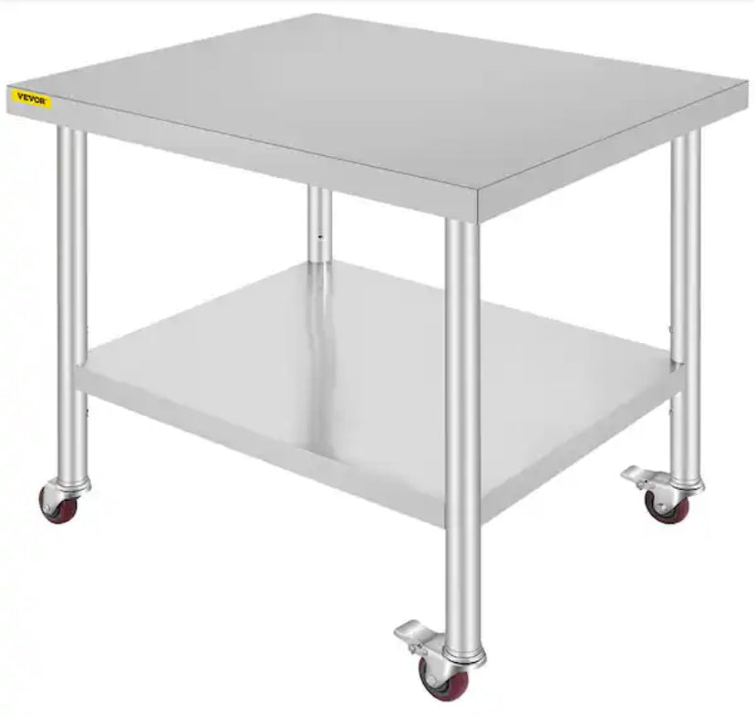 Stainless Steel Kitchen Prep Table with Wheels 24 in. x 12 in. x 32 in. Prep Table with 4 Casters Heavy-Duty Work Table