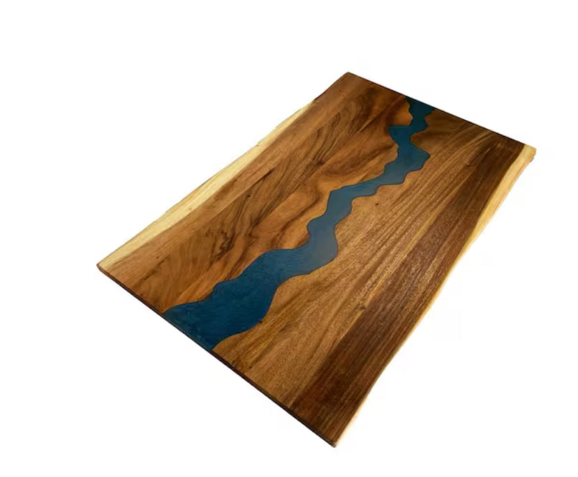 5 ft. L x 30 in. D UV Finished Saman Solid Wood Butcher Block Desktop Countertop with Live Edge and Blue Epoxy River