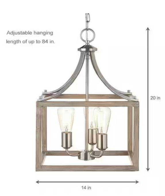 Boswell Quarter 14 in. 3-Light Brushed Nickel Farmhouse Square Chandelier with Painted Weathered Gray Wood Accents