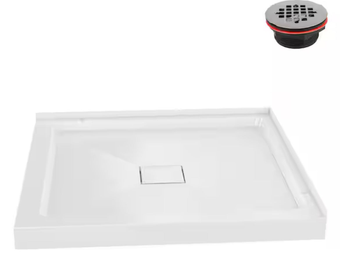 DT-2239-118 34 in. L x 34 in. W Corner PP Shower Pan Base in Glossy White With Center Drain, Drain Included