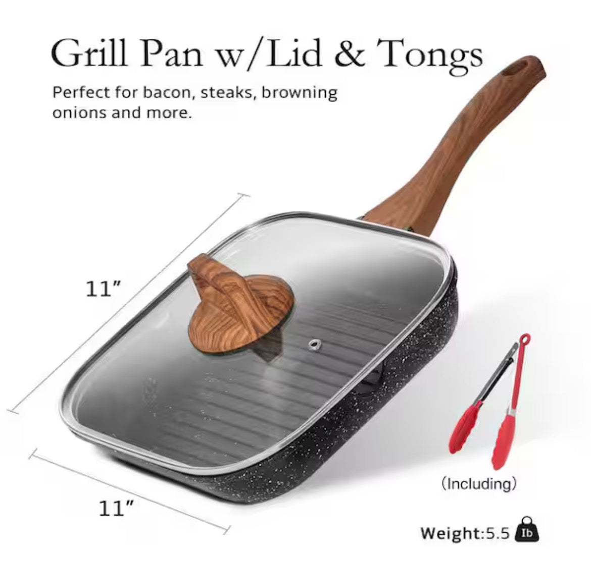 3-Piece 11 in. Black Non-Stick Steel Grill Pan Set with Lid and Tong, Square Grilling Skillet Steak Pan for Stove Tops