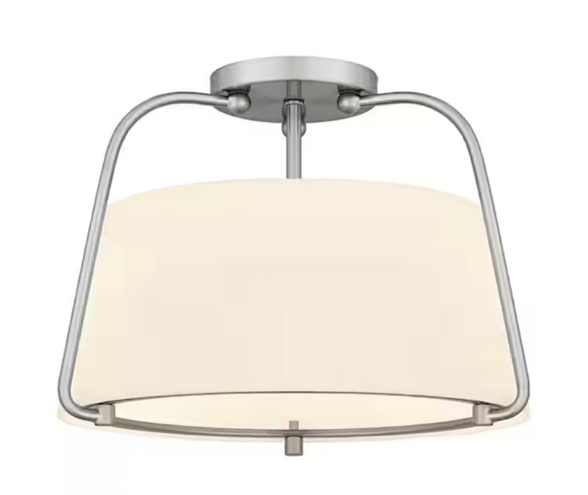 Corbin 15 in. 2-Light Brushed Nickel Transitional Semi-Flush Mount with White Opal Glass Shade