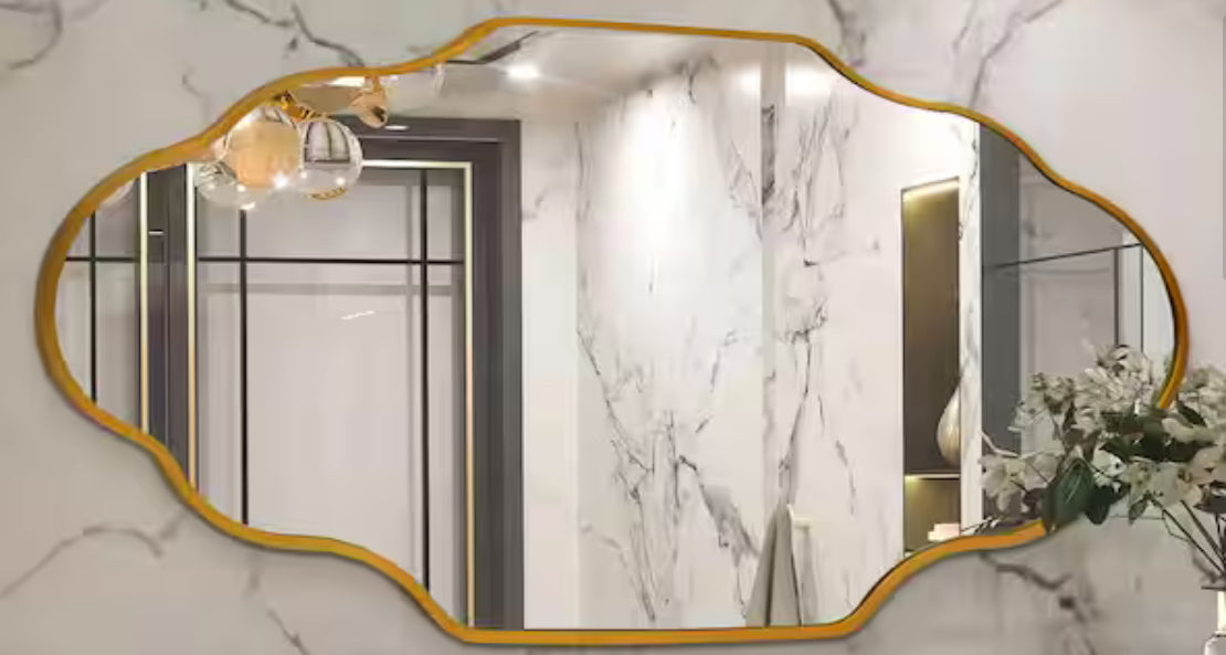 20 in. W x 36 in. H Scalloped Gold Aluminum Alloy Framed Wall Mirror Irregular Decorative Wall Mirror