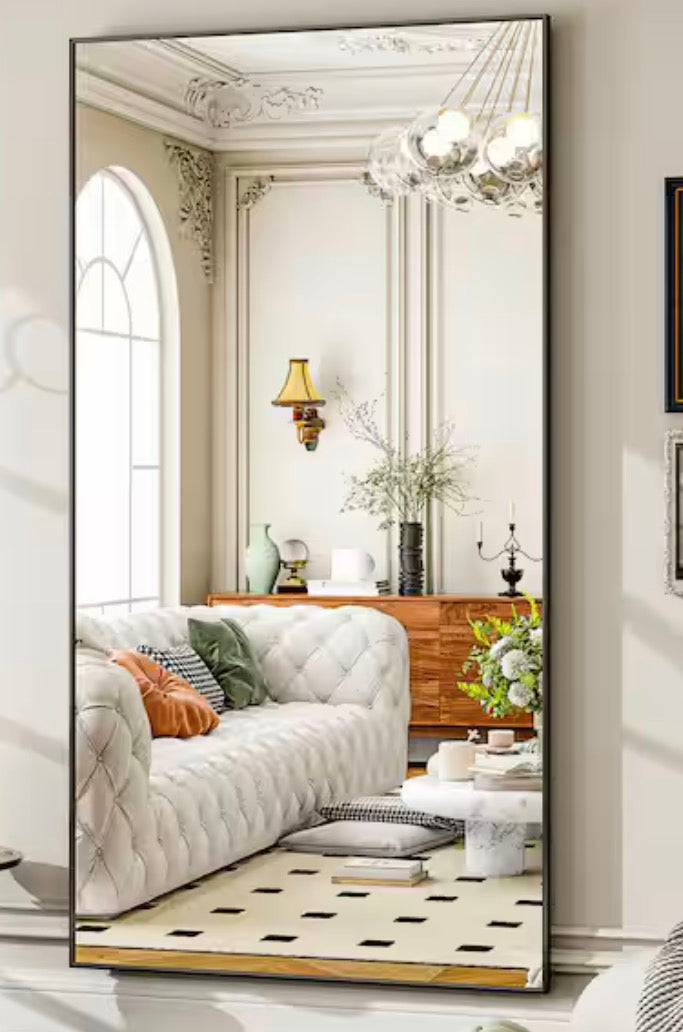 34 in. W x 76 in. H Rectangular Black Aluminum Alloy Framed Modern Oversized Wall Mirror