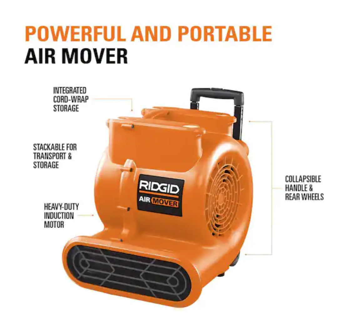 1625 CFM 3-Speed Portable Blower Fan Air Mover with Collapsible Handle and Rear Wheels for Water Damage Restoration