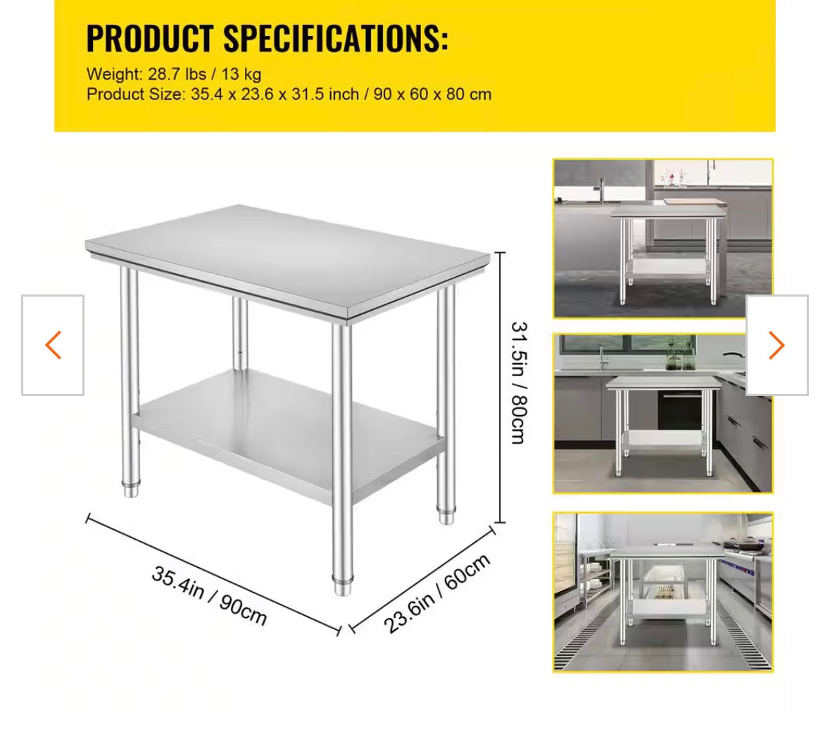 Stainless Steel Prep Table, 35 x 24 x 31 in., 700 lbs. Capacity, Heavy Duty 3-Level Adjustable Kitchen Prep Table