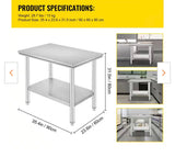 Stainless Steel Prep Table, 35 x 24 x 31 in., 700 lbs. Capacity, Heavy Duty 3-Level Adjustable Kitchen Prep Table