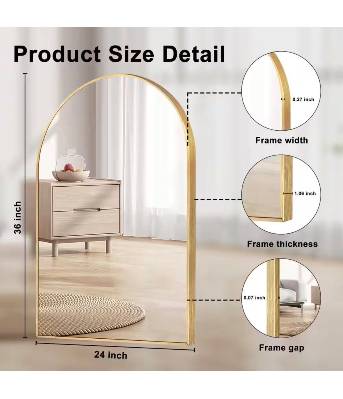 24 in. W x 36 in. H Gold Vanity Arched Wall Mirror Aluminium Alloy Frame Bathroom Mirror(2-Pieces)