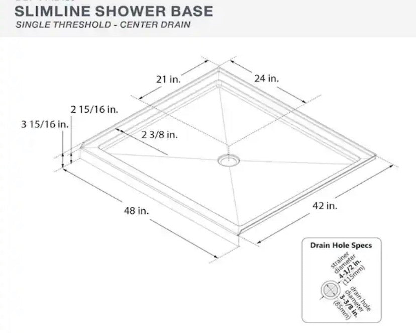 SlimLine 42 in. L x 48 in. W x 2 3/4 in. H Alcove Single Threshold Shower Pan Base with Center Drain in White