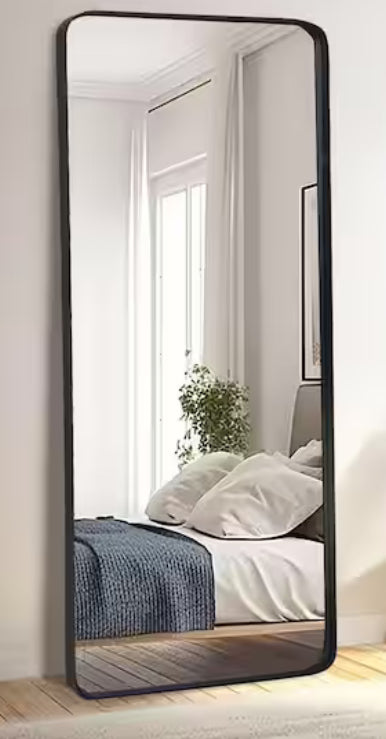 24 in. W x 71 in. H Rectangular Modern Black Aluminum Framed Rounded Full Length Mirror