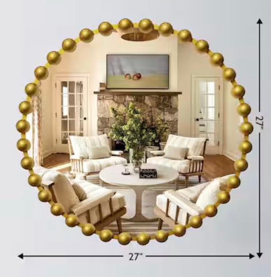 27 in. W x 27 in. H Luxury Round Gold Beaded Metal Frame Decorative Mirror Bathroom Mirror Wall Mirror
