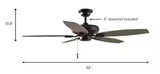 North Pond 52 in. Indoor/Outdoor Matte Black Ceiling Fan with Downrod and Reversible Motor; Light Kit Adaptable