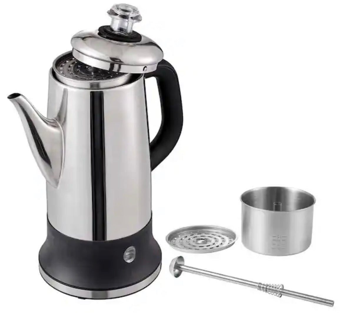 12-Cup Electric Coffee Percolator, 304 Stainless Steel Brewer with Keep Warm Function and Heat-Resistant Handle, Silver